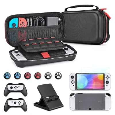 Imagen de Younik Kit de Accesorios para Switch OLED, 15 en 1 con Estuche Switch, Soporte Ajustable, 2 Protectores Pantalla, agarres y Fundas Protectoras TPU los J