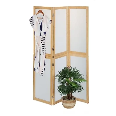 Imagen de Relaxdays 3 teiliger Paravent mit Bambusrahmen Biombo Triple Plástico y Bambú, Divisor Espacios Plegable, 180x136,5 cm, Tabique Interior, Natural Blanco