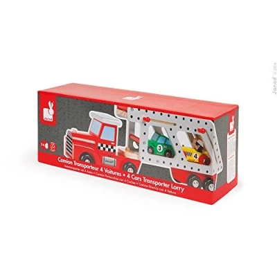 Imagen de Janod From 2 years old Large Wooden Car Carrier 4 Cars Included Develops Imagination J08572
