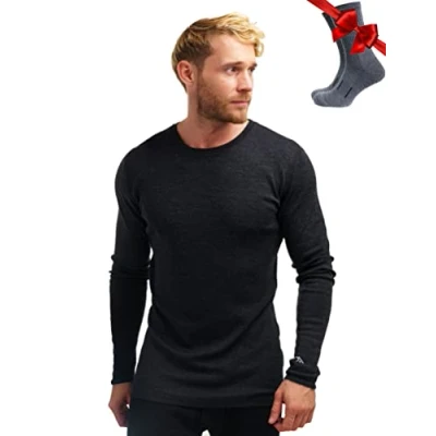 Imagen de Merino.tech Camiseta Lana Merino Hombre Manga Larga 100% orgánica de Camisetas Capa Base Layer (Medium, 320 Black)