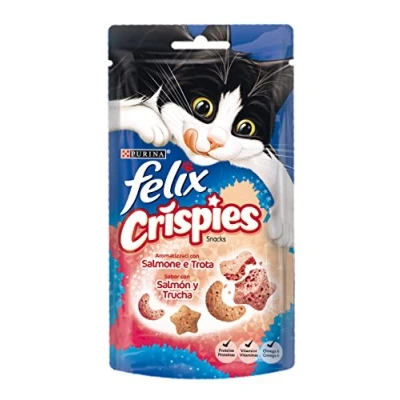 Imagen de Felix Purina Crispies, Snack, premio para Gato con Salmón y Trucha, 8 bolsas de 45g
