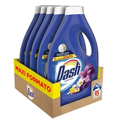 Imagen de Dash Detergente líquido para lavadora, 95 lavados, aroma lavanda, formato maxi, limpieza profunda, paquete de 5 x 19 lavados
