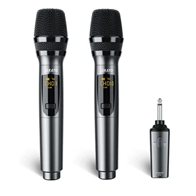 Imagen de LEKATO micrófonos inalámbricos de Metal 2,4 GHz Micrófono Canto Recargable Mano inalámbrico Dual hasta 30 Horas Tiempo ejecución Juego Karaoke