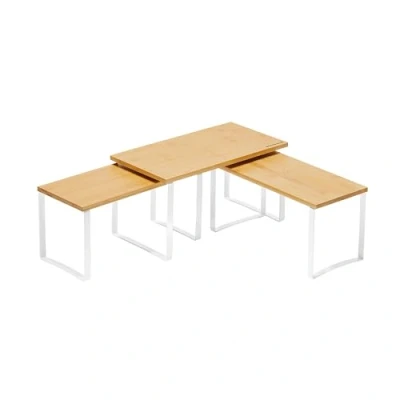 Imagen de SONGMICS Organizadores Armario de Cocina, Juego 3 Escápalos mostrador, apilables, especieros expandible, Metal y bambú, Blanco Nube Beige Natural KCS014W01