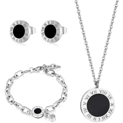 Imagen de RPAEOY Conjuntos de Joyas para Mujer y Niñas Números Romanos Circón Acero Inoxidable Chapado en Oro Plata Colgante Collar Pendientes Pulsera Fiesta Boda Nupcial Dama Honor (Plata)