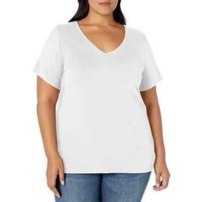 Imagen de Amazon Essentials Camiseta de manga corta y cuello en pico (disponible tallas grandes) Mujer, Blanco, 6XL Grande