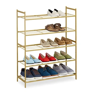 Imagen de Relaxdays Zapatero Metal Apilable 5 Estantes, Armario Zapatos Extensible,15 Pares, 90x70x26 cm, Dorado, Acero