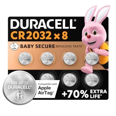 Imagen de DURACELL CR2032 Pilas de botón litio 3 V (pack 8) Hasta un 70 % extra duración Tecnología Baby Secure Recomendadas para Apple AirTag