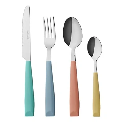 Imagen de Exzact Cubiertos 24 Piezas Acero Inoxidable con Mangos Anchos de plástico Color Vibrante 6 x Tenedores, Cuchillos, Cucharas, Cucharaditas Mixto