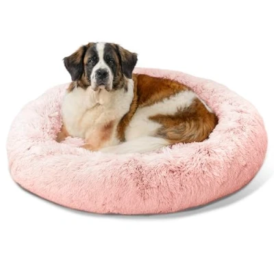 Imagen de Best Friends by Sheri The Original Calming Donut Cama para Perros y Gatos con Pelo Largo, Rosa Caramelo, Extragrande, 45 x Pulgadas