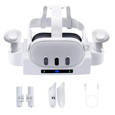 Imagen de Mcbazel Estación de Carga VR para Quest 3, Soporte Pared Controlador Casco VR, Base con Indicador y Cable Tipo C Batería Recargable 3 Blanco