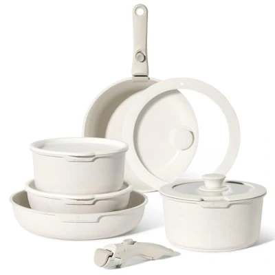 Imagen de Just Perfecto Juego de utensilios Cocina antiadherentes con Mango Extraíble, Menaje Tapas, Para Todo Tipo Cocinas y Horno, apto Lavavajillas Sin PFOA (Biege)