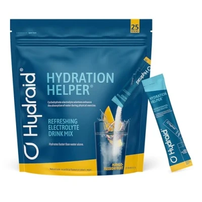 Imagen de Hydraid® Hydration Helper I polvo con electrolitos y carbohidratos Mejora la absorción de agua 25 unidades Bebida en deportiva baja calorías Mango Fruta pasión…