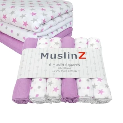 Imagen de Muslinz 6pk bebé Muslin Cuadrados Burp paños 100% algodón Suave Puro 70x70cm (Estrellas Rosas) Violetas)