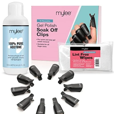 Imagen de Mylee Set Removedores Esmalte de Uñas en Gel, Acetona Pura 300ml + 100 Toallitas sin Pelusa 10 Clips Uñas, Removedor Esmalte, Almohadillas para Quitar, Reutilizables, Pedicura Manicura