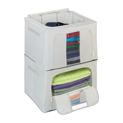 Imagen de Relaxdays Bolsas de Almacenaje Ropa, Set 2, Cajas Almacenamiento Tela, Plegables, Cremallera, 33 x 50 40 cm, Gris, Poliéster, L