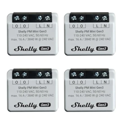 Imagen de Shelly PM Mini Gen 3 4 unidades Wlan &amp; Bluetooth Smart Power Medidor 1 canal 16 A Domótica Compatible con Alexa y Google Home Aplicación iOS Android No requiere concentrador