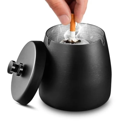 Imagen de Tatxmalv Moderno Exteriores Cenicero, Cenicero de CeráMica Negro etc, Retro con Tapa para DecoracióN Del Hogar y La Oficina, Viento Uso al Aire Libre (Negro)