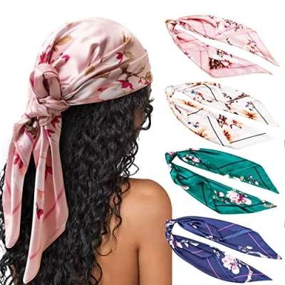 Imagen de DRESHOW 4 Pack Pañuelos Satén Cuadrados Grandes Pelo Accesorios Seda de Playa Estampado Clásico para Mujer