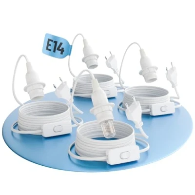 Imagen de greate. 4x Portalámparas E14 con cable y interruptor blanco 3,5 metros enchufe máximo 60W 250V casquillo interruptor, casquillo, portalamparas, porta lamparas