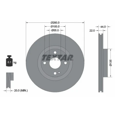 Imagen de TEXTAR 92301503 Disco de freno 280 22 04/05 100 ventilación interna revestido sin cojinete rueda, perno sujeción buje rueda
