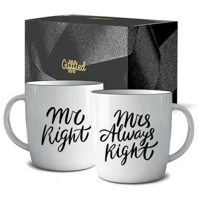Imagen de Gifffted Parejas Aniversario De Tazas para El y Ella, Mr Right Mrs Always Right, Padres Abuelos, Bold, Blanco, Cerámica, 380 Ml, Juego 2