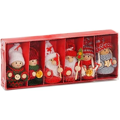 Imagen de Brubaker Set de 6 duendes navideños madera y punto, colgante para árbol Navidad, 8 cm, en caja regalo, color rojo