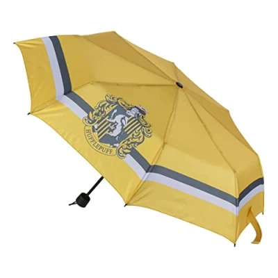 Imagen de Paraguas Plegable de Harry Potter Color Amarillo con el Logo Hufflepuff Apertura Manual Elaborado en 100% Poliéster Estructura Fibra Vidrio Producto Original Diseñado España