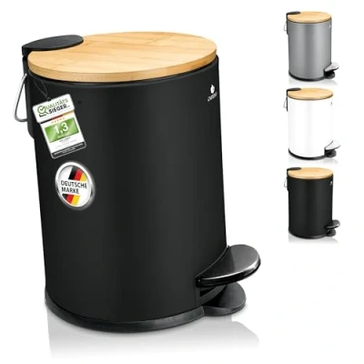Imagen de Exitoso Papelera de Baño Negra Mate con Tapa Madera 3L Cubo Basura para Negro Pequeño Pequeña y Pedal Papeleras Pequeñas Cubos Originales