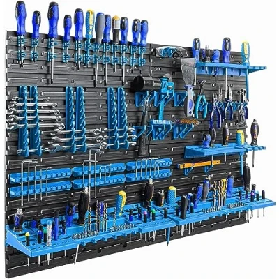 Imagen de botle Estantería de pared con sistema almacenamiento herramientas 115,8 x 78 cm, portaherramientas plástico azul, para garaje, taller, paredes