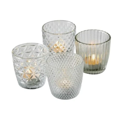 Imagen de Boltze Marilu 1014419 Juego de portavelas (4 Piezas, Transparentes, Vasos Decorativos para Velas/Velas té, 8 cm diámetro, Varios diseños, Forma Redonda, portavelas)