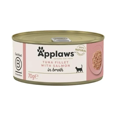 Imagen de Applaws 100% Natural Comida Húmeda para Gatos Adultos con Filete de Atún y Salmón en Caldo, 24 latas 70g