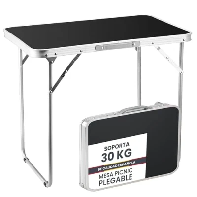 Imagen de unycos Mesa Plegable de Camping con Asa Transporte 70x50x60 cm Mesita Pícnic Portátil Multiusos en Aluminio y MDF Cierre Seguridad para Interior/Exterior, Playa, Jardín (Negro)
