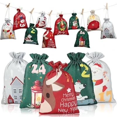 Imagen de Calendario Adviento para Rellenar 2024, 24 PCS Bolsas de Regalo Adviento, Conjunto Bricolaje, Calendarios Navidad Decoración