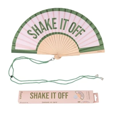 Imagen de Fisura Abanico original con mensaje “shake it off. de madera moderno y colorido. Ventilador mano rosa verde. Colgador incluido. Medidas: 42,5 x 23 cm