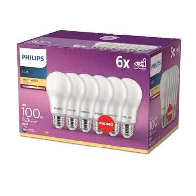 Imagen de Philips LED Classic E27 paquete de 6 bombillas (100 W), mate con luz blanca cálida, bajo consumo una larga vida útil, nueva generación