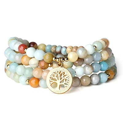 Imagen de COAI Collar Japa Mala Pulsera Multicapa 108 Cuentas de Amazonita Piedra Natural y Amuleto Mano Fátima