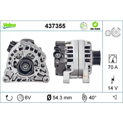 Imagen de VALEO 437355 Alternador 14,1V 70A CITROËN: Xsara Picasso, Berlingo / First I Furgón, II, PEUGEOT: 206 Hatchback, Partner Furgón