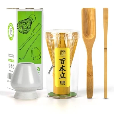 Imagen de TEANAGOO Accesorio para la Ceremonia Japonesa del Matcha, Batidor de Matcha (Chasen), Cuchara Tradicional (Chashaku), Té, Soporte Blanco Mate,I3, El Set Perfecto