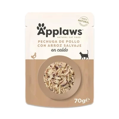 Imagen de Applaws 100% Natural Comida Húmeda en Bolsitas, Pollo con Arroz Salvaje Caldo para Gatos Adultos 12 x 70g Bolsitas