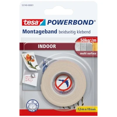 Imagen de Tesa 55740 00001 00 Cinta adhesiva extra fuerte para interiores (1,5 m x 19 mm, hasta 42 kg), color blanco [producto importado]