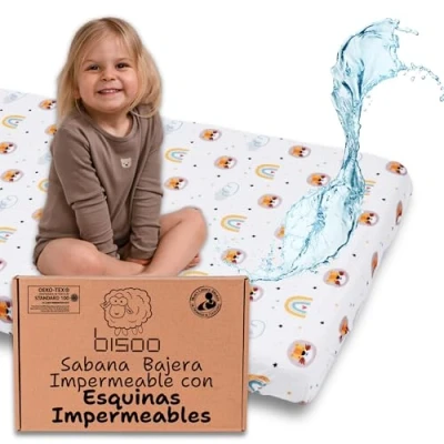 Imagen de Bisoo Sabanas Minicuna 50x80 / 50x83 Sabana Protector de Colchon Ajustable Totalmente Impermeable Funda Bajera en Algodón Certificado OekoTex, Estampado Leones 80x50 83x50