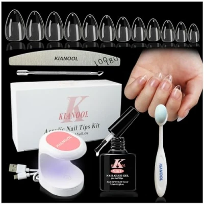 Imagen de Kit Uñas Postizas Almendras, 552 Resina, Nail De Tips Gel con Pegamento, 5 en 1 Pegamento Postizas, Mini Lampara Semipermanentes, Para Principiantes
