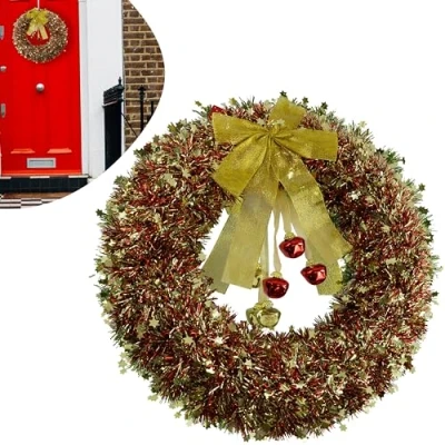 Imagen de corona de oropel grande Navidad dorada 42 cm con campanas y lazo, marco plástico, decoración colgante ventana pared, Navidad, árbol puerta delantera para
