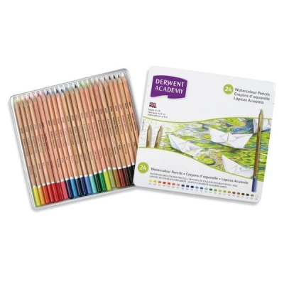 Imagen de Derwent 2301942 Caja Metálica con 24 Lápices Acuarelables Academy Watercolour, Juego de para Principiantes, Ideales Colorear, Dibujar e Ilustrar Agua o en Seco
