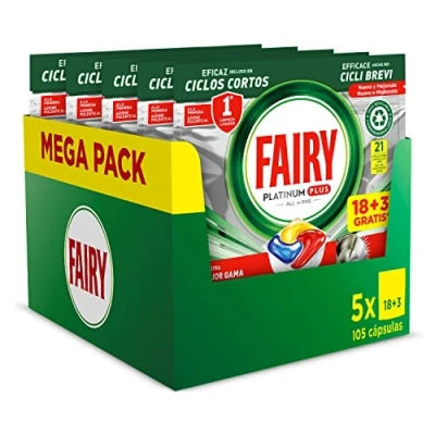 Imagen de Fairy Platinum Plus Todo en Uno Pastillas Lavavajillas, 105 Capsulas Lavavajillas (5 x 21), Limpieza Profunda y Extra Brillo, Fragancia Limon