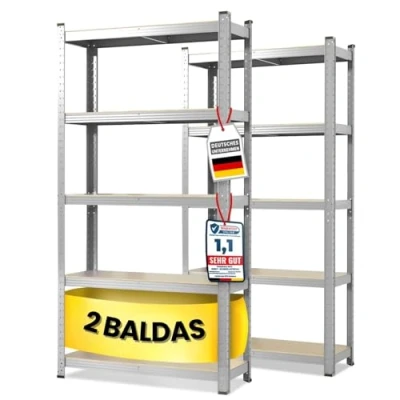 Imagen de KARAT Estantería para cargas pesadas, juego de 2 unidades, 30 x 75 150 cm, con 5 estantes ajustables (galvanizado)