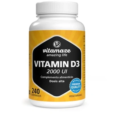Imagen de Vitamaze® Vitamina D3 2000 UI alta dosis y vegetariana, 240 comprimidos para más de 1 año, 50 mcg colecalciferol puro, complemento alimenticio natural sin aditivos, Fabricado en Alemania