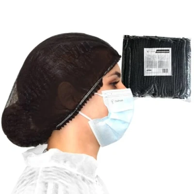 Imagen de 100 Gorros desechables no tejidos, doble elásticos y antipolvo, OneProtek Gorro desechable 53 cm para el cabello, médicos, servicio de comida, dentistas, laboratorios Negro