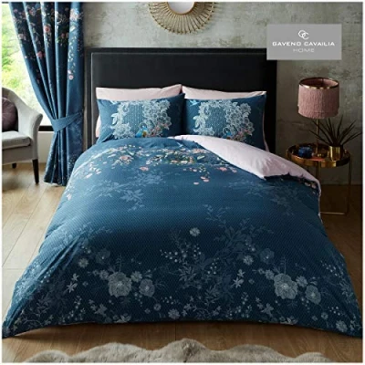 Imagen de GC GAVENO CAVAILIA Juego de Funda edredón Flores, Ropa Cama botánica polialgodón tamaño King, Fundas Suaves, Azul Marino